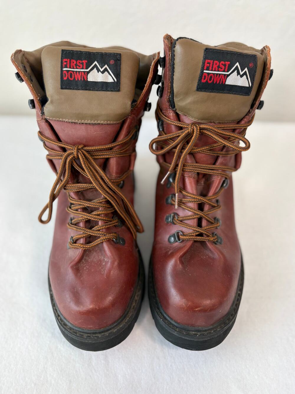 First Down Brown Leather Hiking Boots 9M Rugged Outdoor Waterproof Trail Gear
